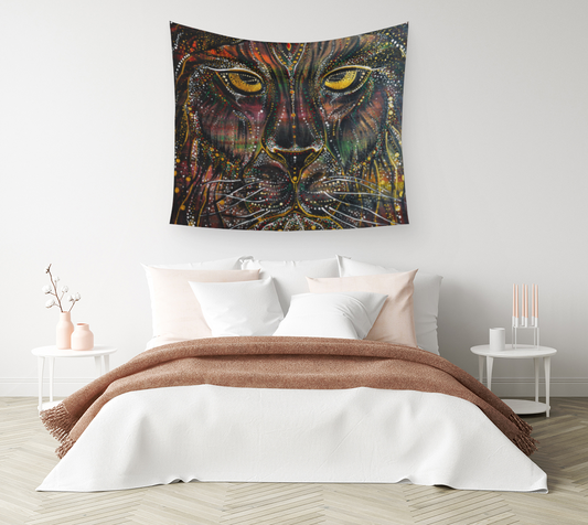 TAPESTRY, WALL TAPESTRY, WALL ART, DECOR, HOME, ART PRINT, CONTEMPORARY ART, KING, LION, WARRIOR, BEAST, TRIBAL, PORTRAIT, ANIMAL ART