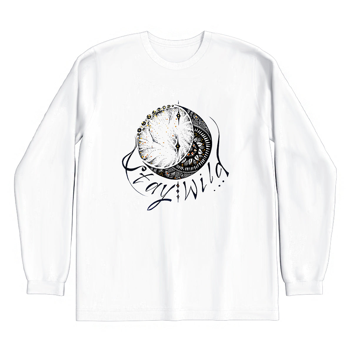lifestyle apparel, casual clothing, unisex, stippled ink, ink art, pointillism, dot work, moon, loon lovers, mandala, love, black and white, stay wild, stipple, wild heart, free spirit, long sleeve, long sleeve tee, winter looks, winter fashion, winter wear, streetwear