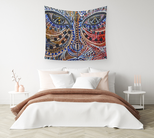 TAPESTRY, WALL TAPESTRY, WALL ART, DECOR, HOME, ART PRINT, CONTEMPORARY ART, TIME, ABSTRACT PORTRAIT, ABSTRACT ART, PORTRAIT, CONTEMPORARY ART, TRIBAL, BOHO