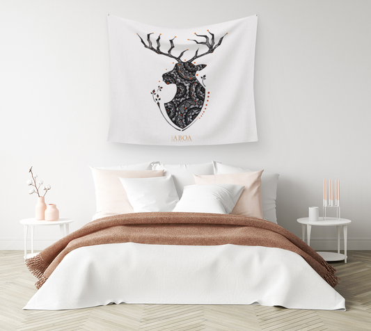TAPESTRY, WALL TAPESTRY, WALL ART, DECOR, HOME, ART PRINT, CONTEMPORARY ART, BUCK, MOOSE, ANIMAL ART, MANDALA ART, STIPPLE INK, CONTEMPORARY ART