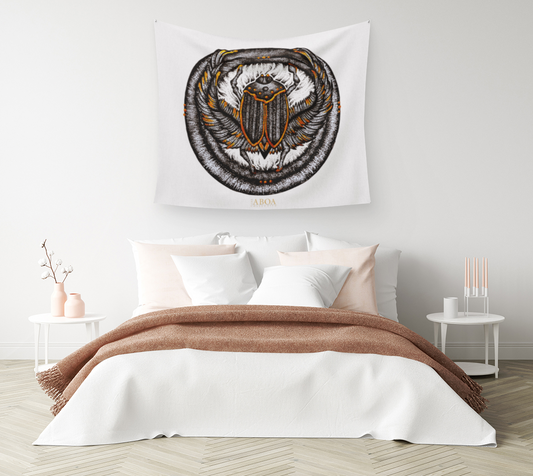 TAPESTRY, WALL TAPESTRY, WALL ART, DECOR, HOME, ART PRINT, CONTEMPORARY ART, SCARAB, BEETLE, ANIMAL ART ILLUSTRATION, STIPPLE. POINTILLISM, INK