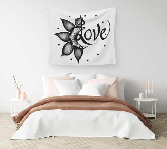 TAPESTRY, WALL TAPESTRY, WALL ART, DECOR, HOME, ART PRINT, CONTEMPORARY ART, LOVE, FLOWER, STIPPLE INK, ILLUSTRATION