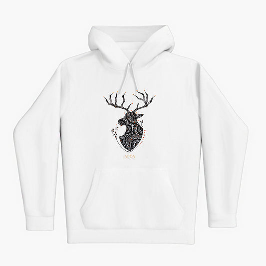 lifestyle apparel, casual clothing, unisex, buck, deer, reindeer, mandala, stippled ink, ink art, pointillism, dot work, animal art, hoodie, hoody, hoodie season, fleece
