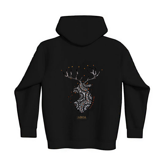 lifestyle apparel, casual clothing, unisex, buck, deer, reindeer, mandala, stippled ink, ink art, pointillism, dot work, animal art, hoody, hoodie, hoody season, fleece, winter looks, winter fashion, winter wear, streetwear