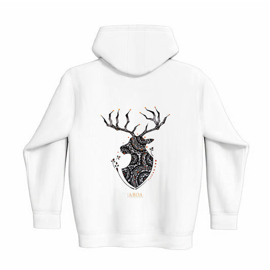 lifestyle apparel, casual clothing, unisex, buck, deer, reindeer, mandala, stippled ink, ink art, pointillism, dot work, animal art, hoody, hoodie, hoody season, fleece, winter looks, winter fashion, winter wear, streetwear