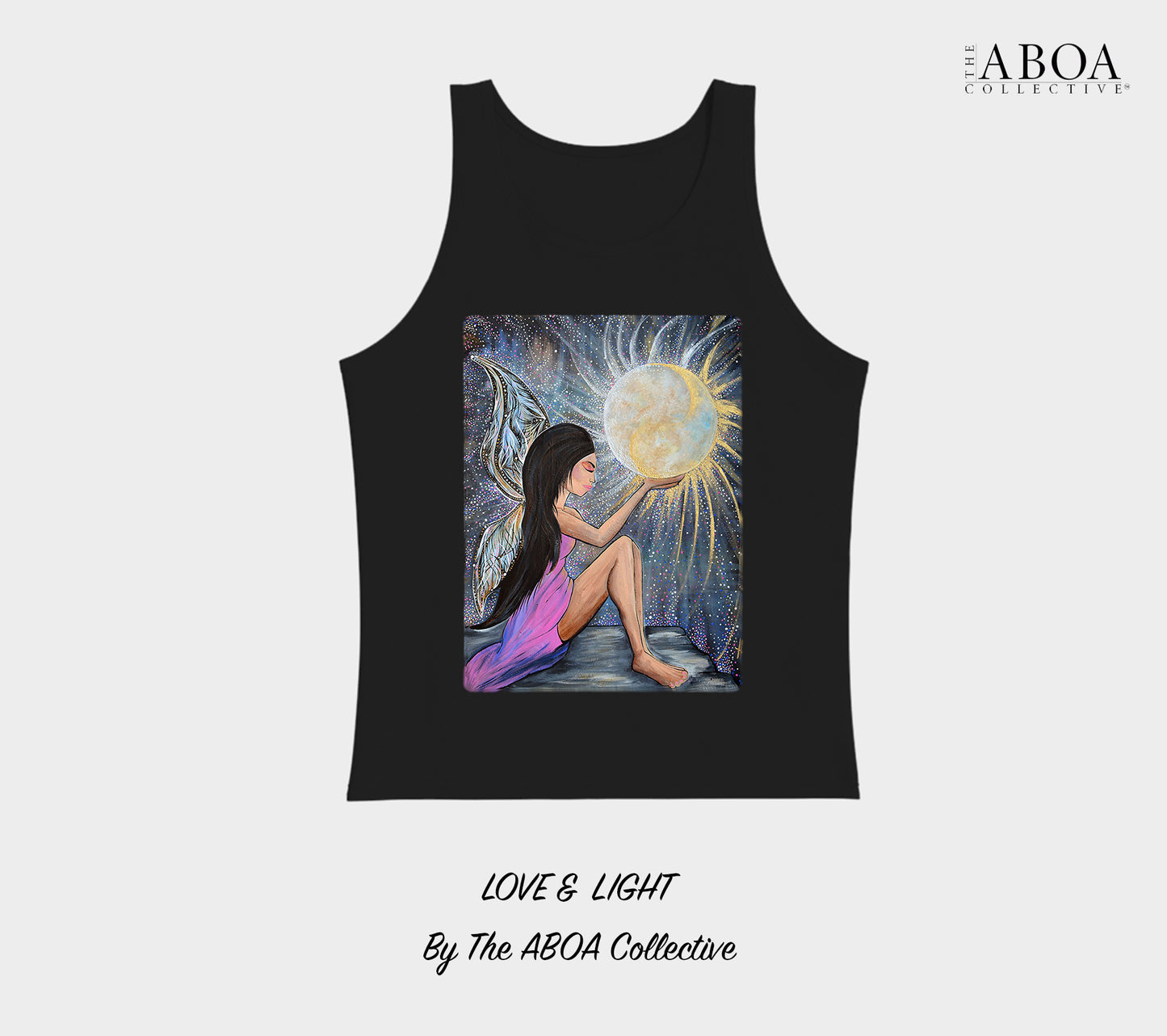 love and light, sun and moon, fairy, angel, wings, full moon, artwork, artsy, boho, spiritual, fashion art, resort wear, summer fashion, fashion design, lifestyle apparel, lifestyle fashion, casual wear, fitness, activewear, imagery, unisex tank top, tank top, unisex