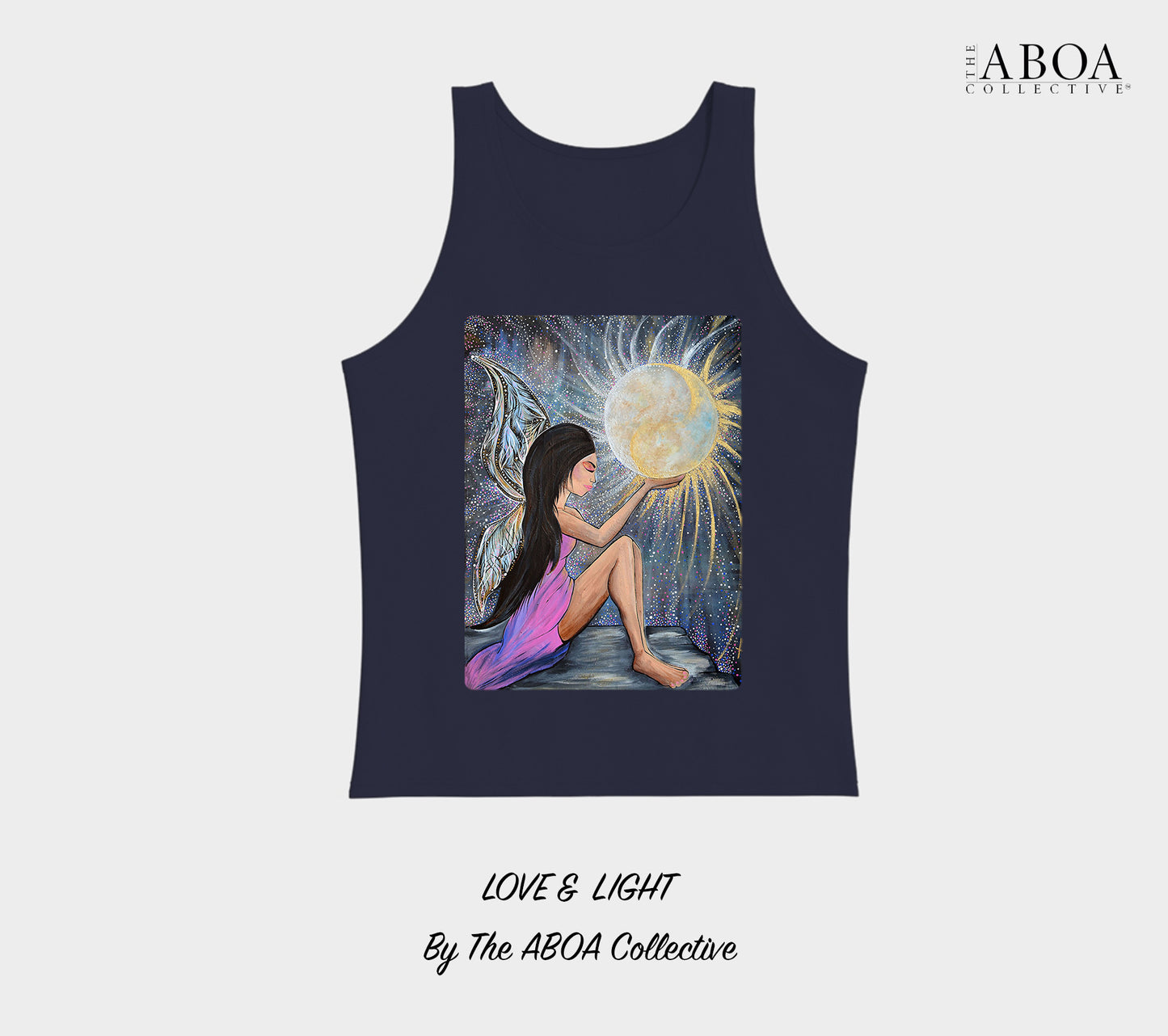 love and light, sun and moon, fairy, angel, wings, full moon, artwork, artsy, boho, spiritual, fashion art, resort wear, summer fashion, fashion design, lifestyle apparel, lifestyle fashion, casual wear, fitness, activewear, imagery, unisex tank top, tank top, unisex