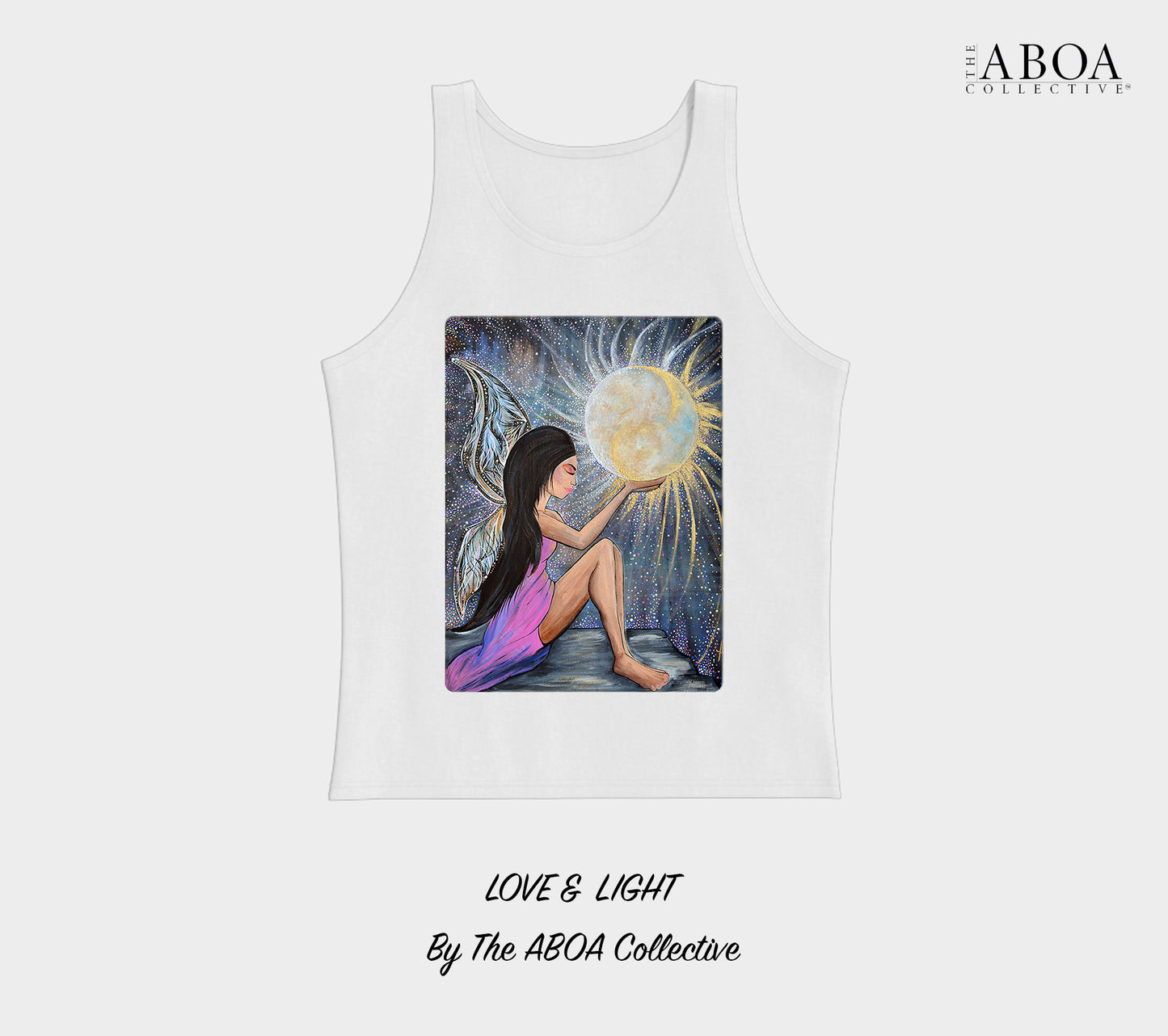 love and light, sun and moon, fairy, angel, wings, full moon, artwork, artsy, boho, spiritual, fashion art, resort wear, summer fashion, fashion design, lifestyle apparel, lifestyle fashion, casual wear, fitness, activewear, imagery, unisex tank top, tank top, unisex