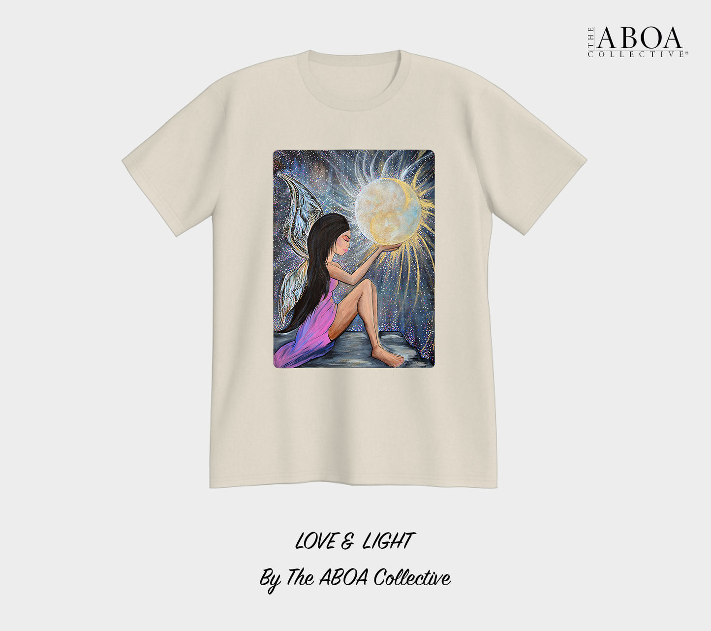 love and light, sun and moon, fairy, angel, wings, full moon, artwork, artsy, boho, spiritual, fashion art, resort wear, summer fashion, fashion design, lifestyle apparel, lifestyle fashion, casual wear, fitness, activewear, imagery, tees, t-shirt, men's t-shirt, unisex t-shirt, unisex tees