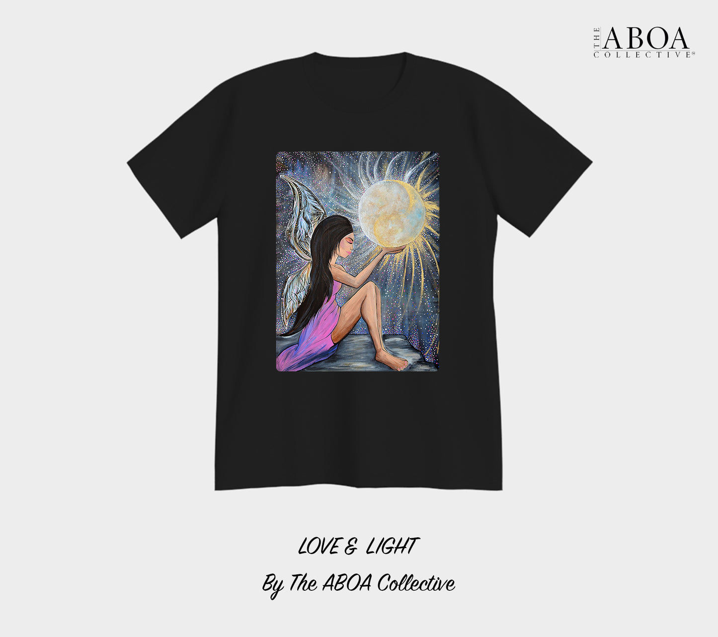 love and light, sun and moon, fairy, angel, wings, full moon, artwork, artsy, boho, spiritual, fashion art, resort wear, summer fashion, fashion design, lifestyle apparel, lifestyle fashion, casual wear, fitness, activewear, imagery, tees, t-shirt, men's t-shirt, unisex t-shirt, unisex tees