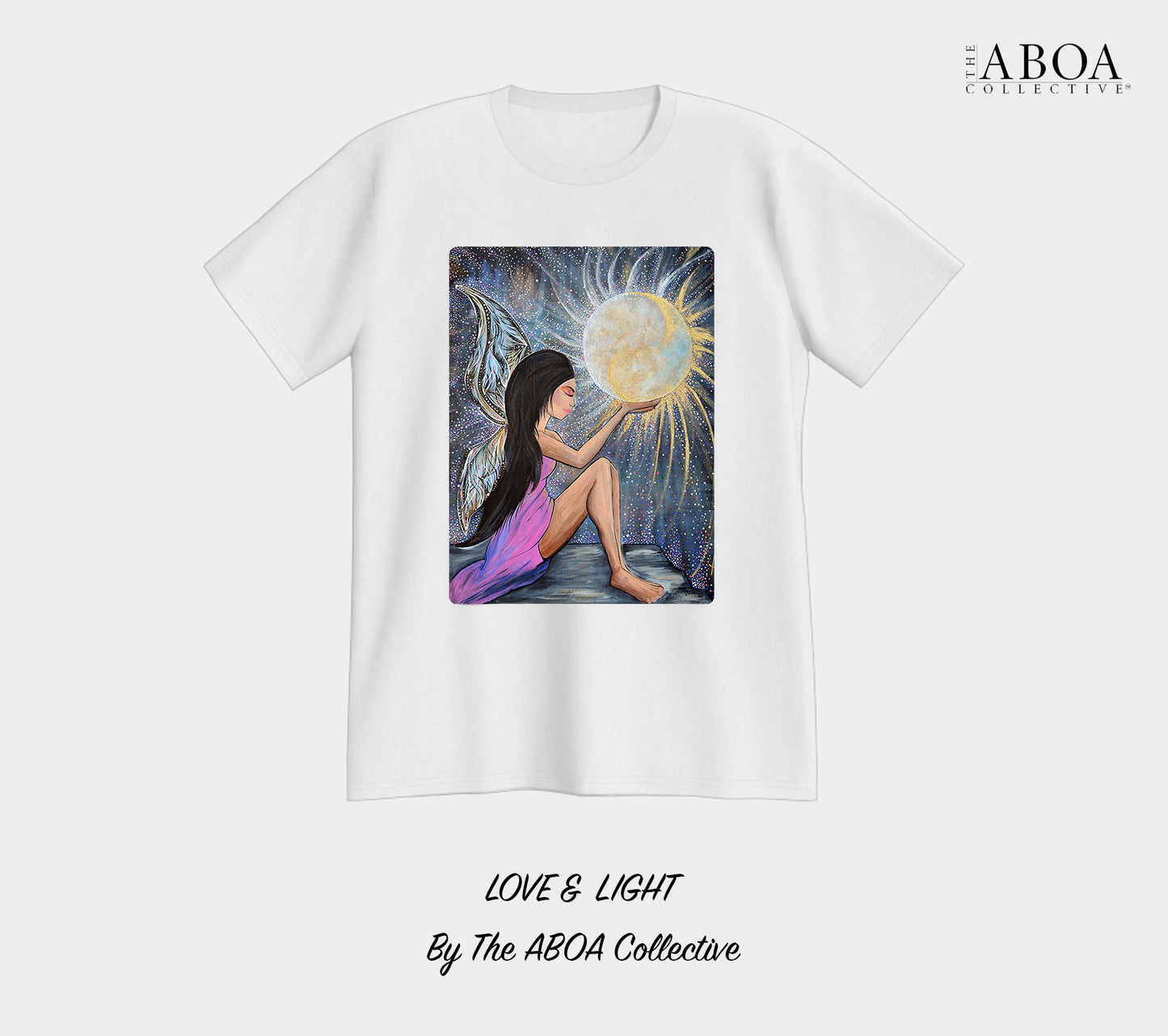 love and light, sun and moon, fairy, angel, wings, full moon, artwork, artsy, boho, spiritual, fashion art, resort wear, summer fashion, fashion design, lifestyle apparel, lifestyle fashion, casual wear, fitness, activewear, imagery, tees, t-shirt, men's t-shirt, unisex t-shirt, unisex tees