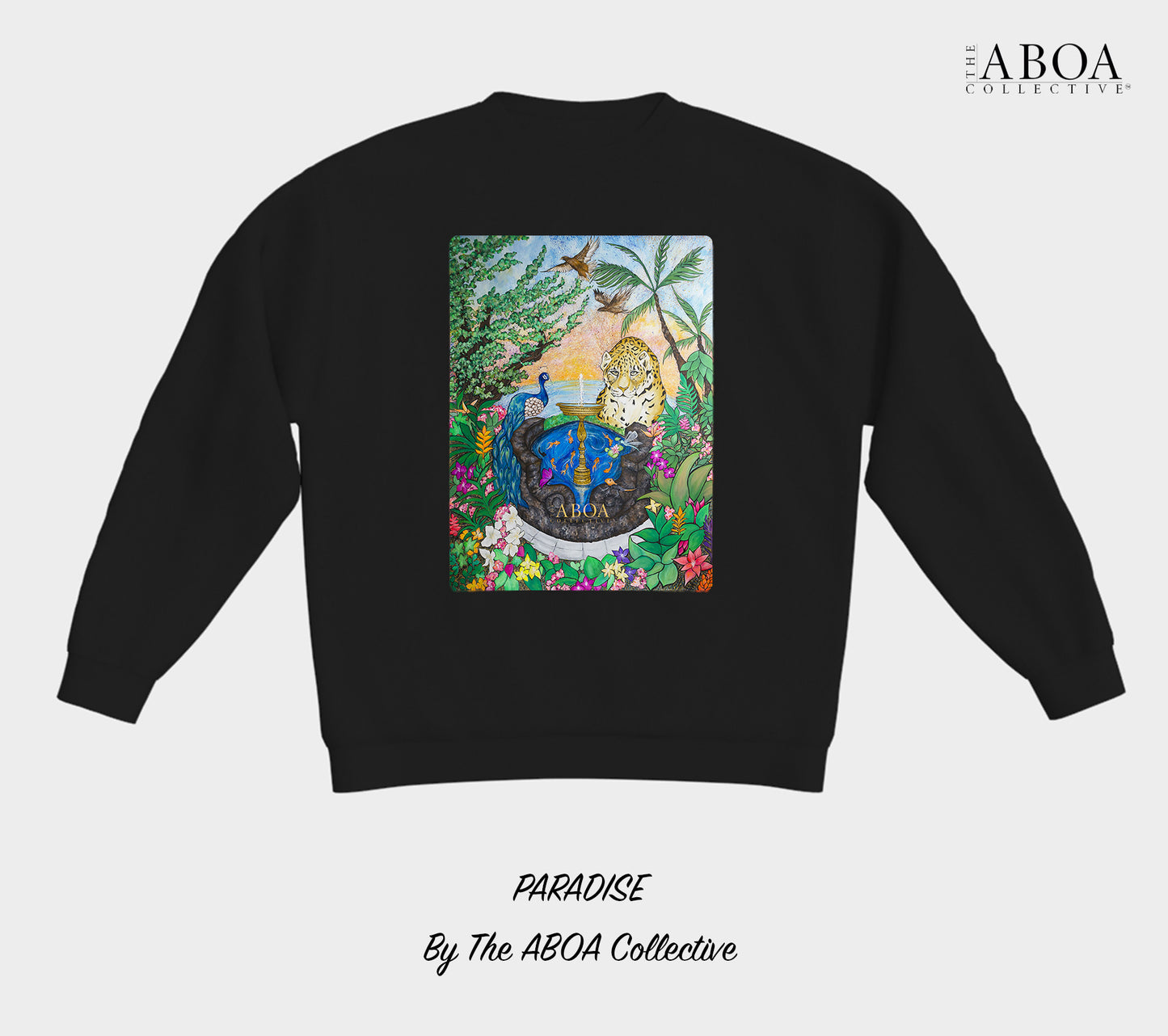 paradise, tropical, rainforest, animal art, animal lovers, nature art, nature lovers, sunset, jaguar, peacock, fauna, flora, fountain, resort wear, summer fashion, unisex, crewneck, crewneck fleece, lifestyle apparel, lifestyle, activewear, casuall, lifestyle, activewear, casual