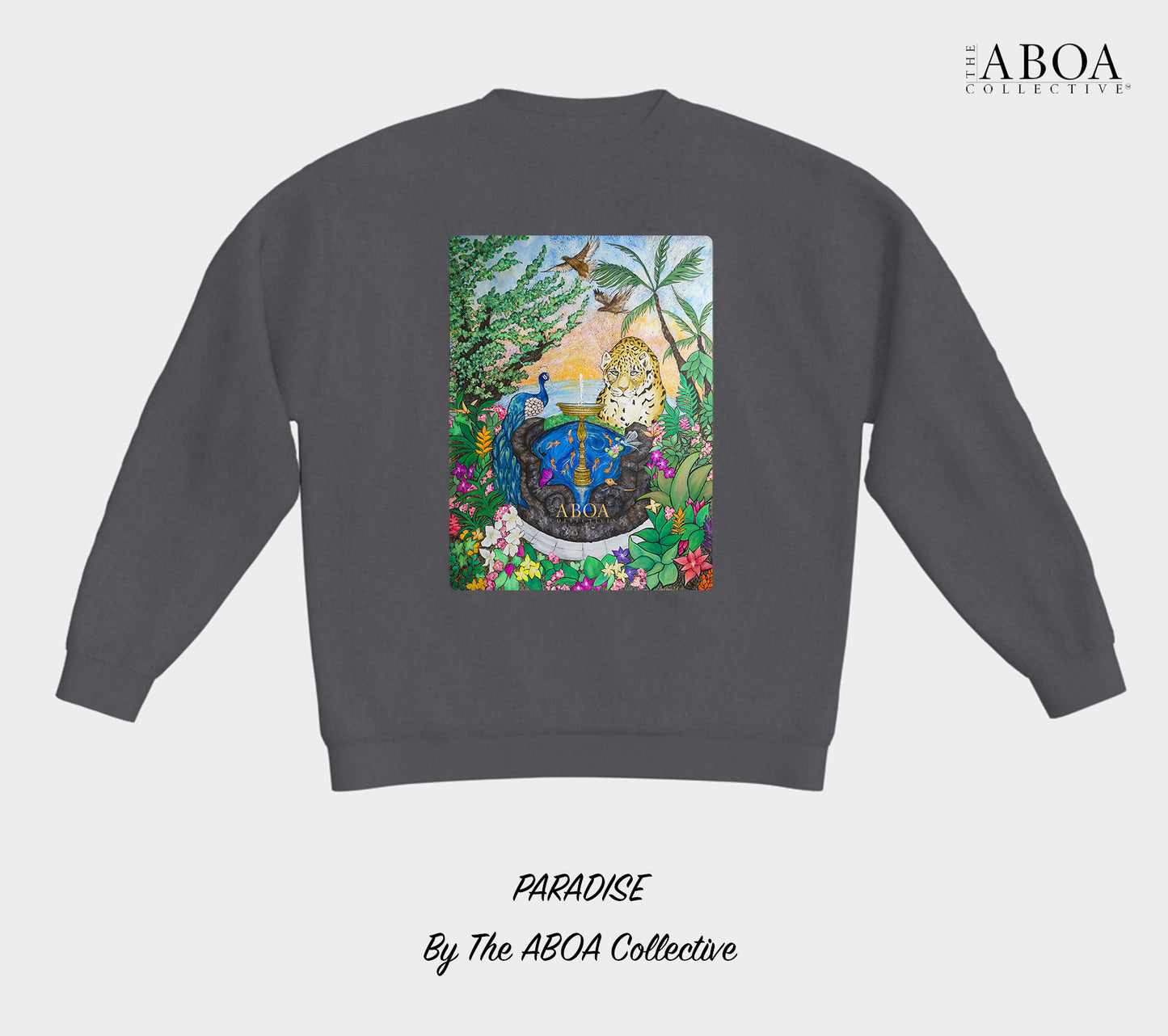 paradise, tropical, rainforest, animal art, animal lovers, nature art, nature lovers, sunset, jaguar, peacock, fauna, flora, fountain, resort wear, summer fashion, unisex, crewneck, crewneck fleece, lifestyle apparel, lifestyle, activewear, casual