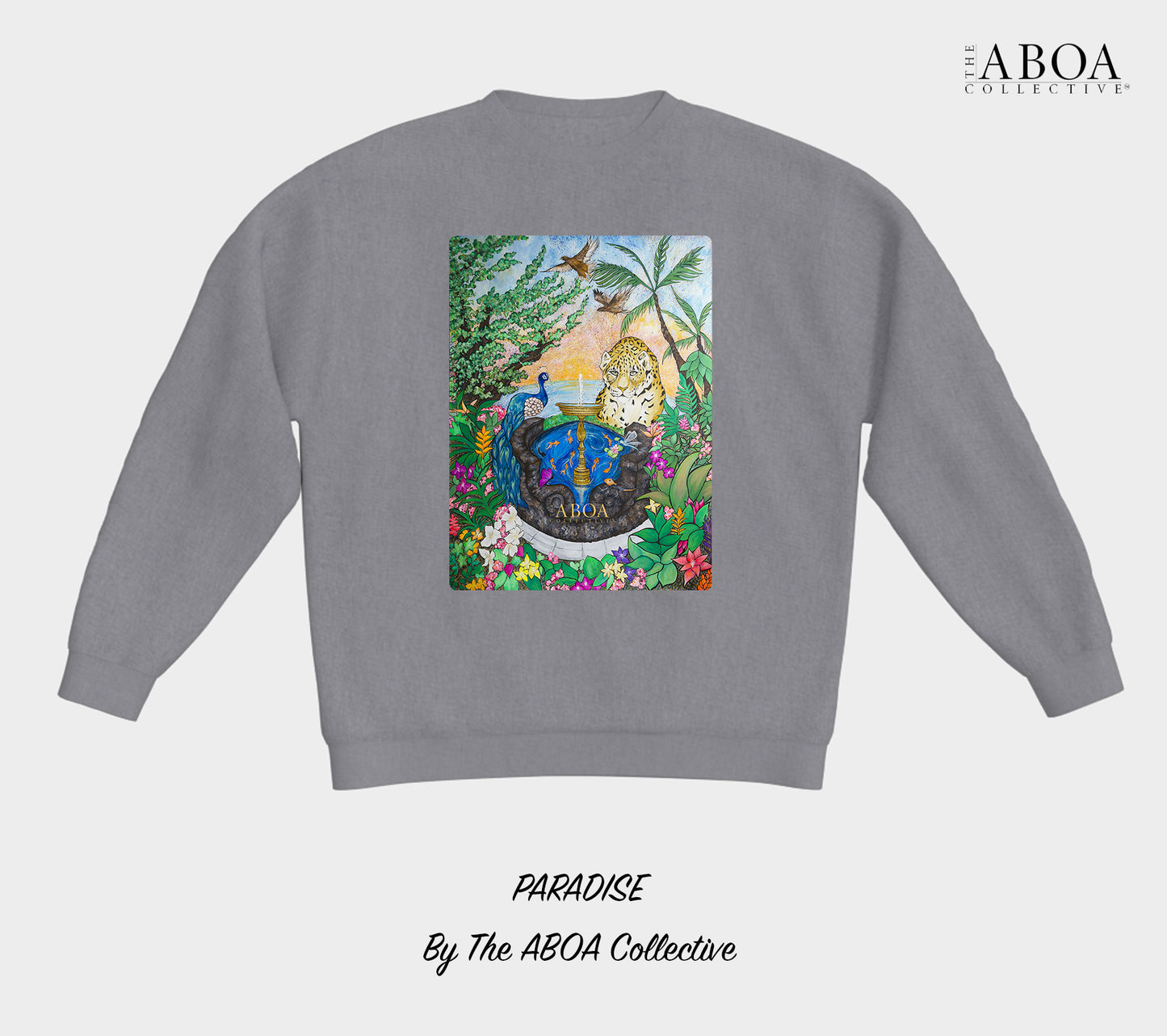 paradise, tropical, rainforest, animal art, animal lovers, nature art, nature lovers, sunset, jaguar, peacock, fauna, flora, fountain, resort wear, summer fashion, unisex, crewneck, crewneck fleece, lifestyle apparel, lifestyle, activewear, casual
