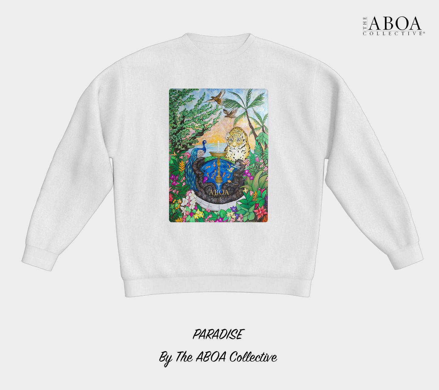 paradise, tropical, rainforest, animal art, animal lovers, nature art, nature lovers, sunset, jaguar, peacock, fauna, flora, fountain, resort wear, summer fashion, unisex, crewneck, crewneck fleece, lifestyle apparel, lifestyle, activewear, casual
