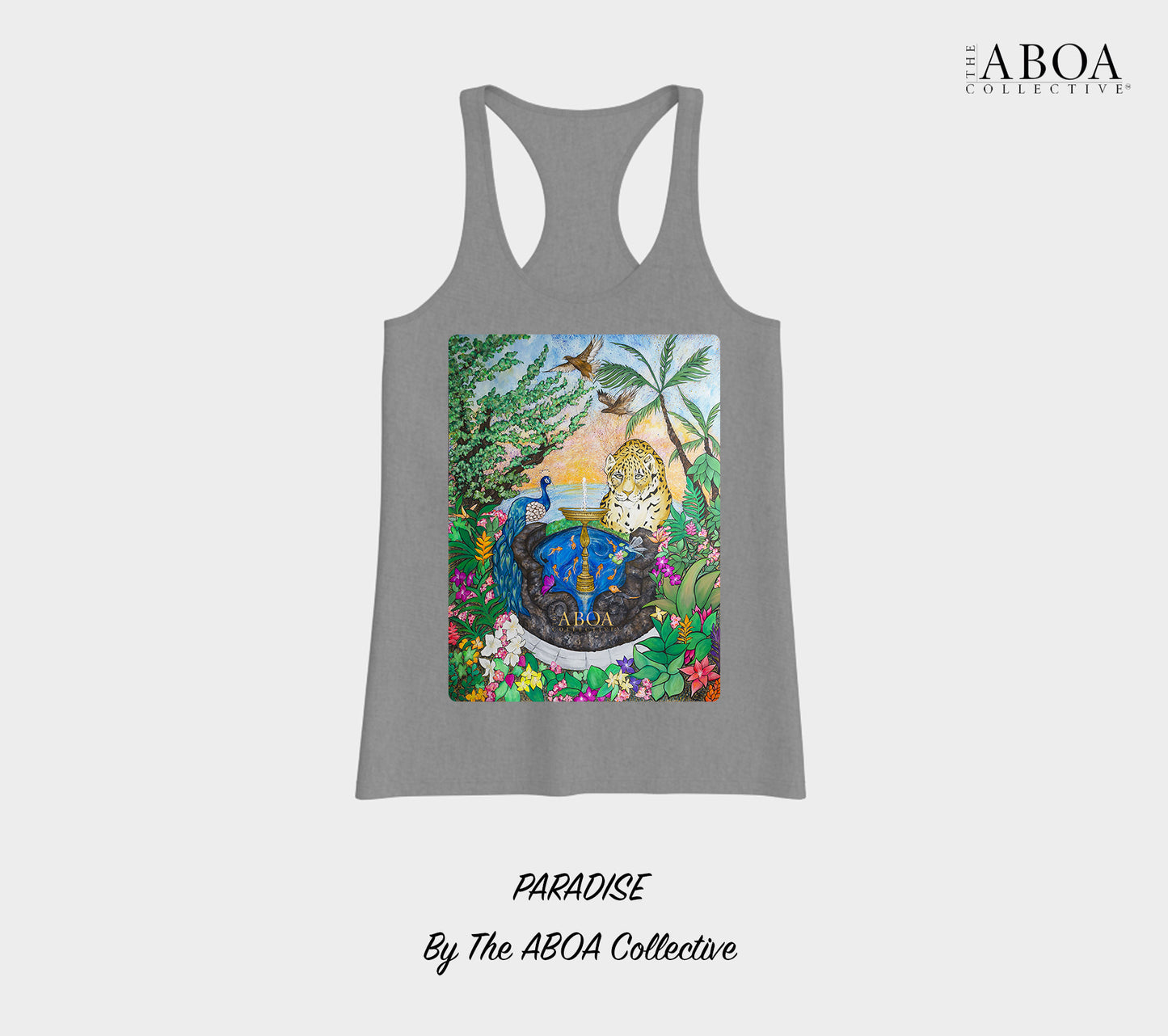 paradise, tropical, rainforest, nature art, animal art, sunset, jaguar, peacock, flora, fauna, fountain, lifestyle apparel, casual, activewear, resort wear, summer fashion, tank top, racerback tank,, women's tank top