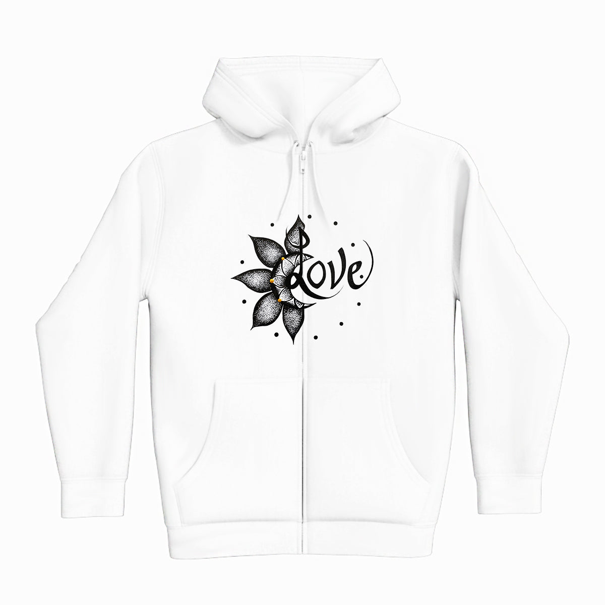 lifestyle apparel, casual clothing, unisex, stippled ink, ink art, pointillism, dot work, flower art, love, black and white, hoody, hoodie, hoody season, fleece, winter looks, winter wear, winter fashion, streetwear