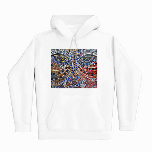 lifestyle apparel, casual clothing, unisex, stippled ink, ink art, pointillism, dot work, portrait, abstract portrait, pointillism, spirituality, rawness, earthly, spirit, colours, bold, fierce, energy, HOODY, HOODIE, HOODIE SEASON, FLEECE. WINTER FASHION