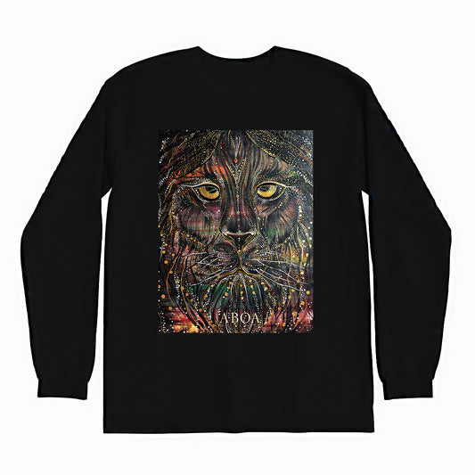 lifestyle apparel, casual clothing, unisex, stippled ink, ink art, pointillism, dot work, animal art, lion, portrait, abstract portrait, pointillism, king, lion art, fierce, humble, long sleeve, long sleeve tee, winter looks, winter fashion, winter wear, streetwear