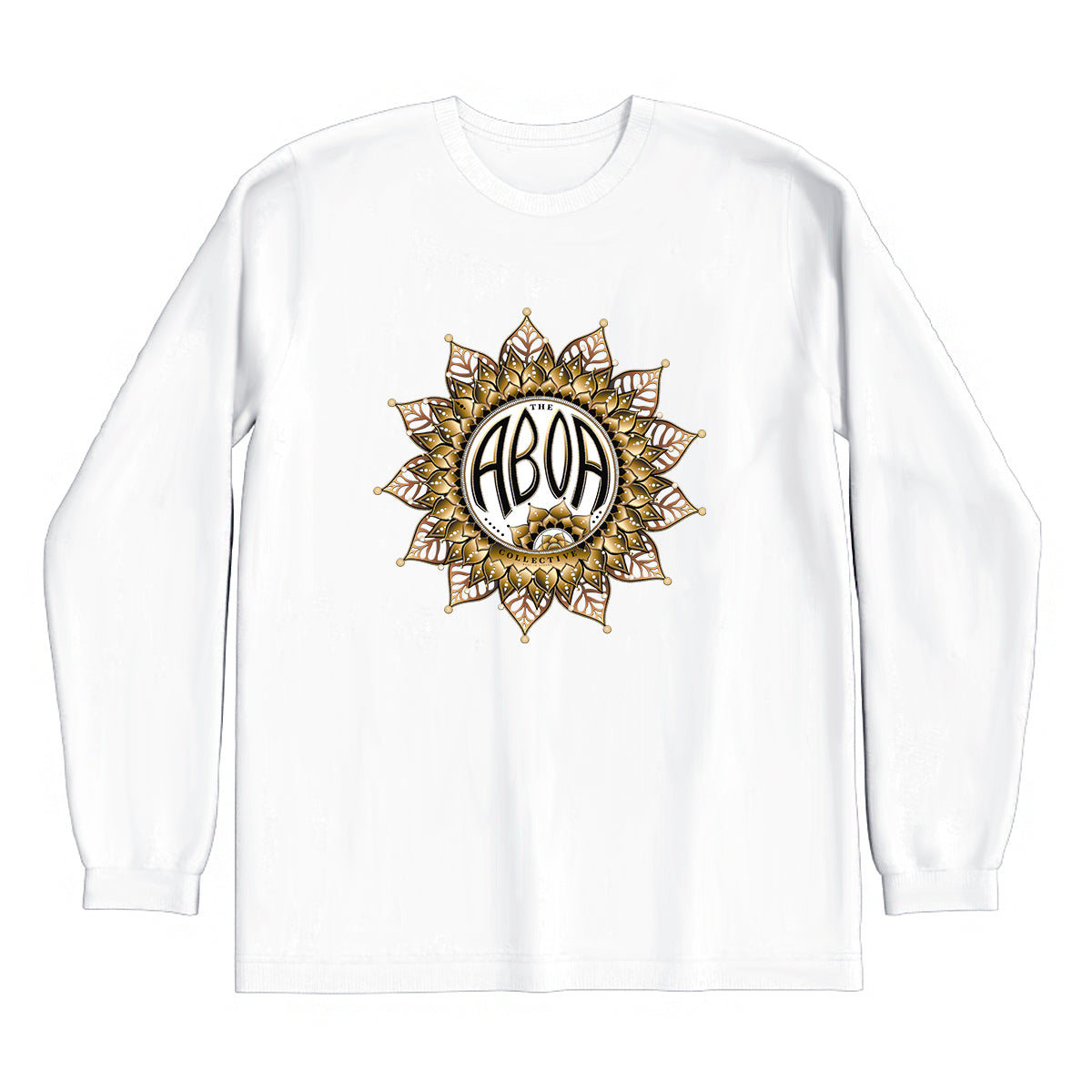 lifestyle apparel, casual clothing, logo tee, unisex, long sleeve, winter. looks, winter fashion, winter wear, streetwear, mandala, vector drawing, digital, gold