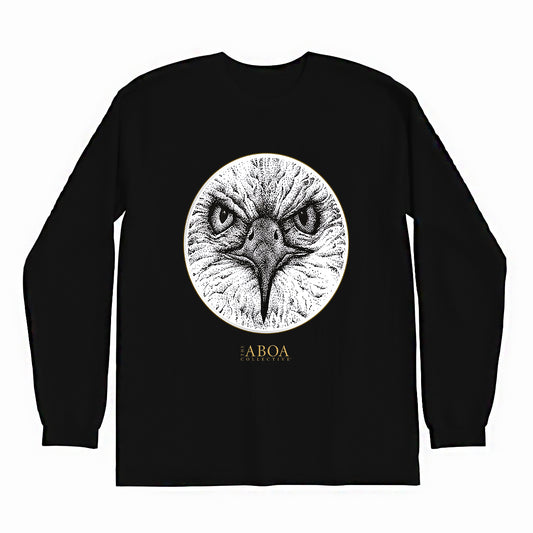 lifestyle apparel, casual clothing, unisex, stippled ink, ink art, pointillism, dot work, animal art, eagle, portrait, birds, birds of prey, long sleeve, long sleeve tee, winter fashion, winter wear, winter looks, streetstyle
