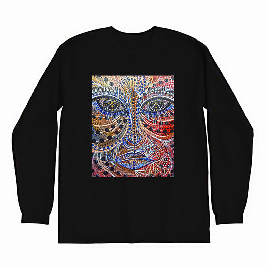 lifestyle apparel, casual clothing, unisex, stippled ink, ink art, pointillism, dot work, portrait, abstract portrait, pointillism, spirituality, rawness, earthly, spirit, colours, bold, fierce, energy, long sleeve, long sleeve tee, winter looks, winter fashion, winter wear, streetwear
