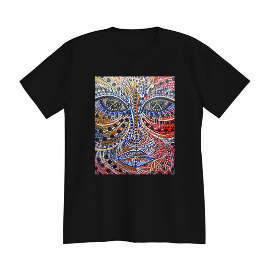 lifestyle apparel, casual clothing, unisex, stippled ink, ink art, pointillism, dot work, portrait, abstract portrait, pointillism, spirituality, rawness, earthly, spirit, colours, bold, fierce, energy, t-shirt, tees