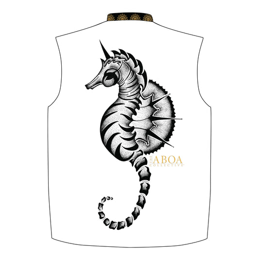 vest, robe, robe style, cover up, resort wear, beach wear, swim wear, travel fashion, wanderlust, swim week, couture, high fashion, chic, handmade, boho, boho style, unisex, seahorse, animal lovers, animal art, pointillism