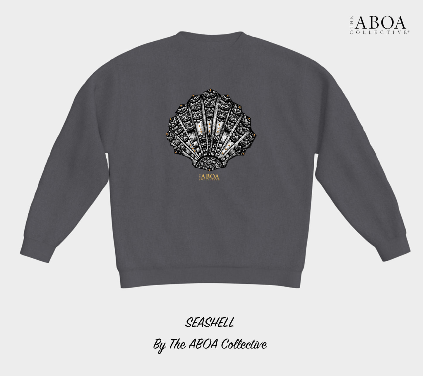 sea shell, shell, mandala, beach wear, boho, beach lovers, black and gold, summer fashion, resort wear, lifestyle, lifestyle apparel, activewear, casual, crewneck fleece, crewneck, fleece, unisex