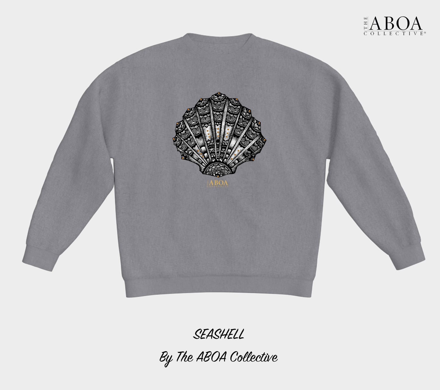sea shell, shell, mandala, beach wear, boho, beach lovers, black and gold, summer fashion, resort wear, lifestyle, lifestyle apparel, activewear, casual, crewneck fleece, crewneck, fleece, unisex