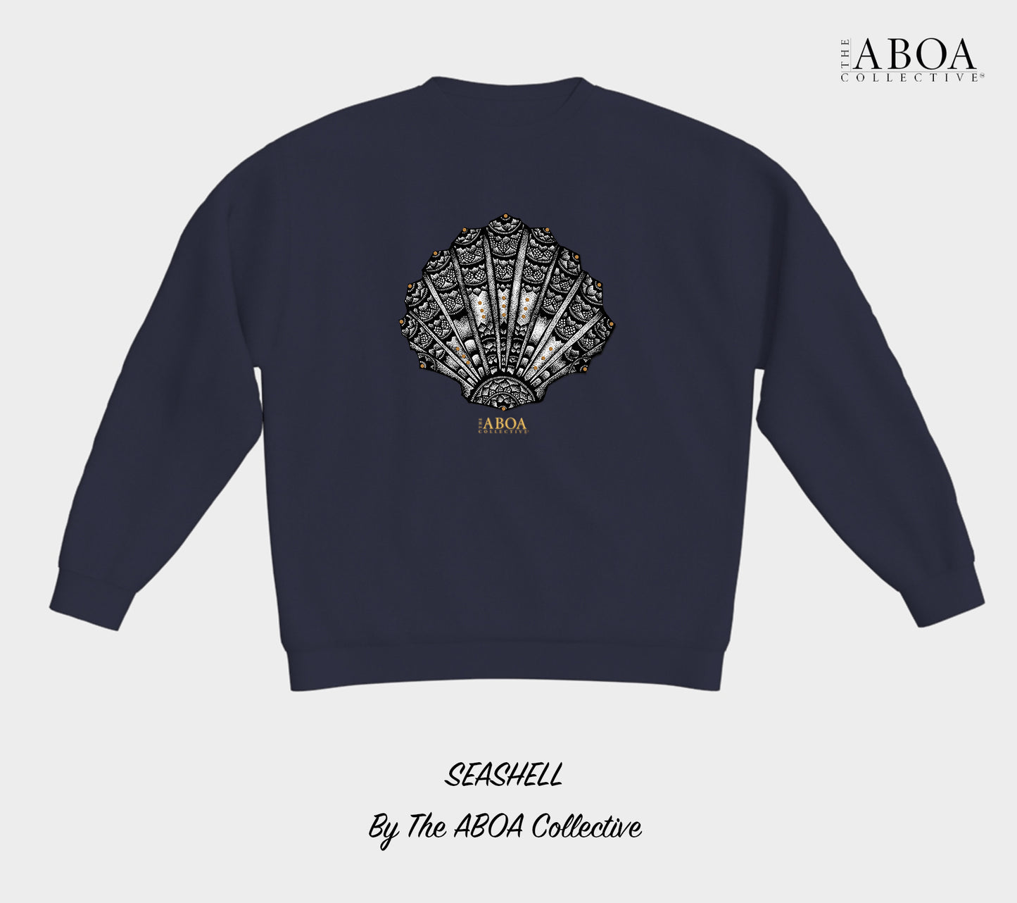 sea shell, shell, mandala, beach wear, boho, beach lovers, black and gold, summer fashion, resort wear, lifestyle, lifestyle apparel, activewear, casual, crewneck fleece, crewneck, fleece, unisex