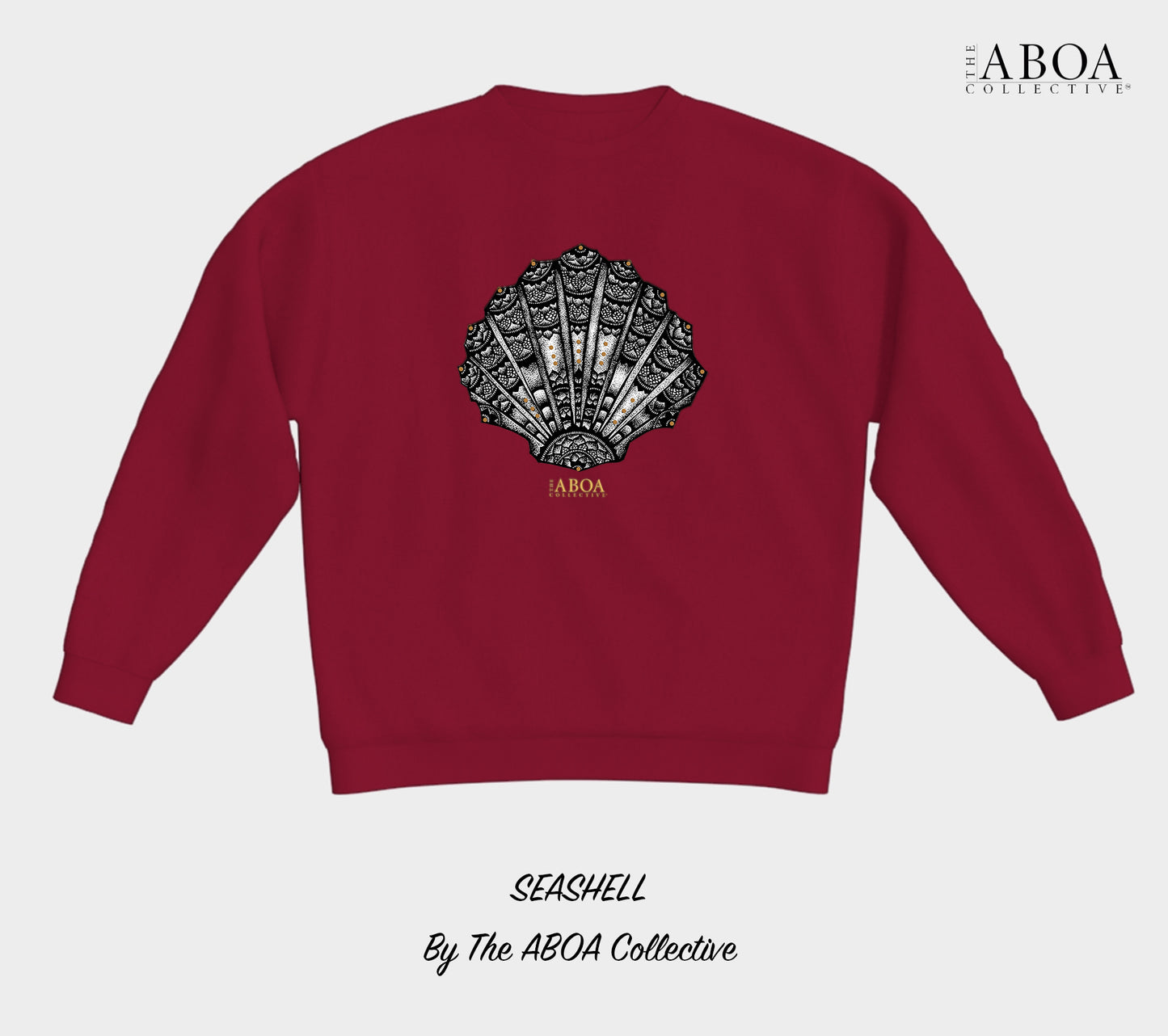 sea shell, shell, mandala, beach wear, boho, beach lovers, black and gold, summer fashion, resort wear, lifestyle, lifestyle apparel, activewear, casual, crewneck fleece, crewneck, fleece, unisex