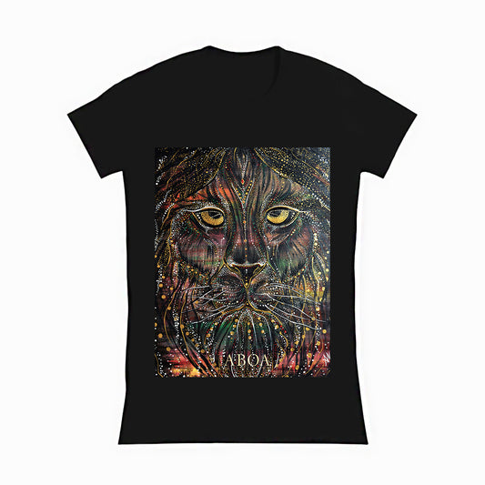 lifestyle apparel, casual clothing, unisex, stippled ink, ink art, pointillism, dot work, animal art, lion, portrait, abstract portrait, pointillism, king, lion art, fierce, humble, women's t-shirt, women's tee, women's fashion, women's wear