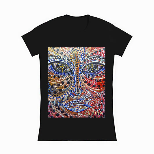 lifestyle apparel, casual clothing, unisex, stippled ink, ink art, pointillism, dot work, portrait, abstract portrait, pointillism, spirituality, rawness, earthly, spirit, colours, bold, fierce, energy, women's t-shirt, women's tee, women's fashion, women's wear
