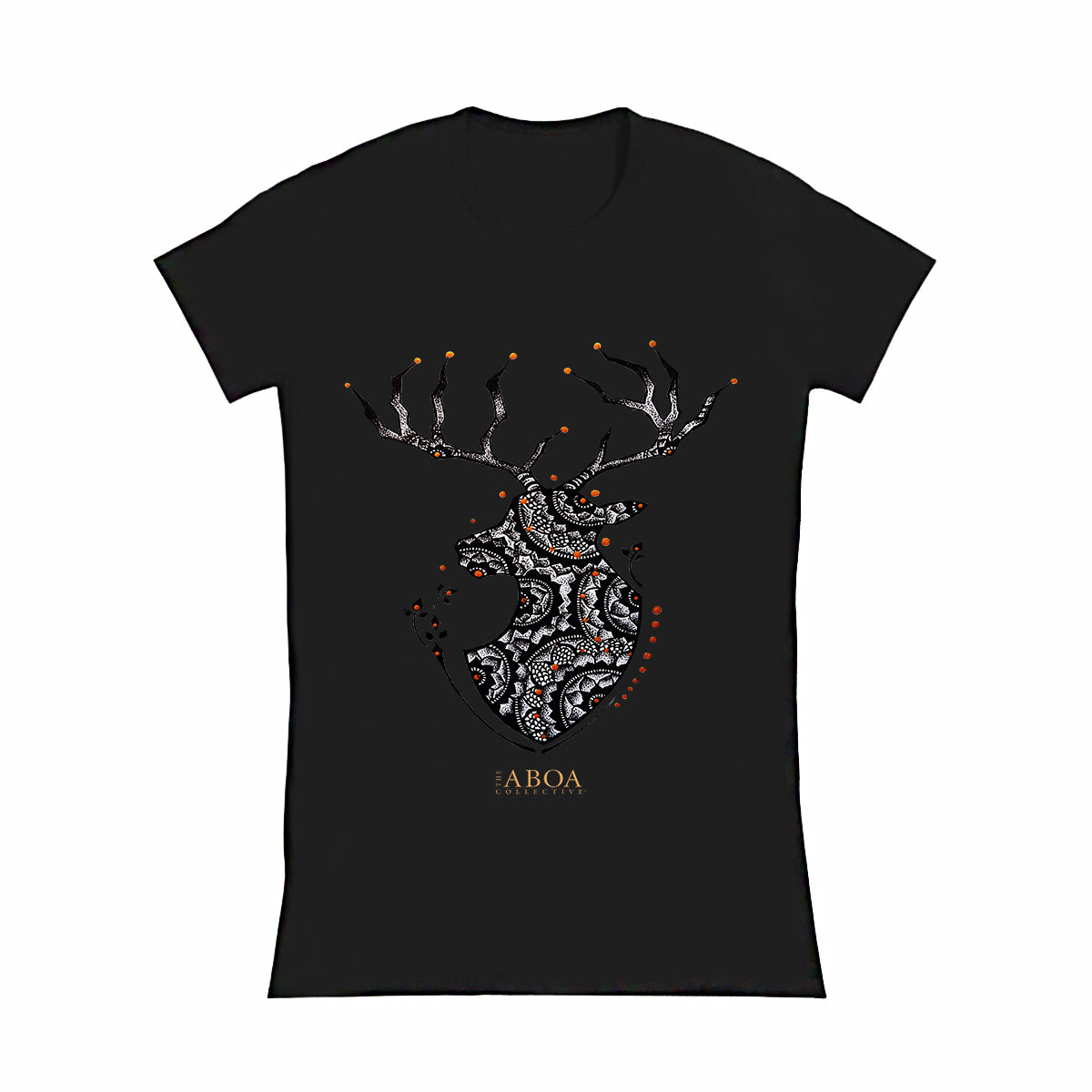 lifestyle apparel, casual clothing, unisex, buck, deer, reindeer, mandala, stippled ink, ink art, pointillism, dot work, animal art, women's tee, women's fashion, t-shirt, tees