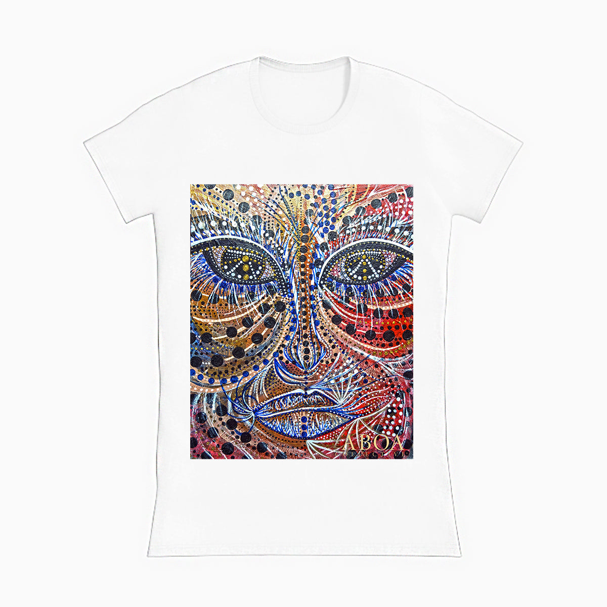 lifestyle apparel, casual clothing, unisex, stippled ink, ink art, pointillism, dot work, portrait, abstract portrait, pointillism, spirituality, rawness, earthly, spirit, colours, bold, fierce, energy, women's t-shirt, women's tee, women's fashion, women's wear
