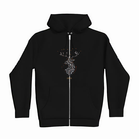 lifestyle apparel, casual clothing, unisex, buck, deer, reindeer, mandala, stippled ink, ink art, pointillism, dot work, animal art, hoodie, hoody, hoody season, fleece, winter looks, winter fashion, winter wear, streetwear
