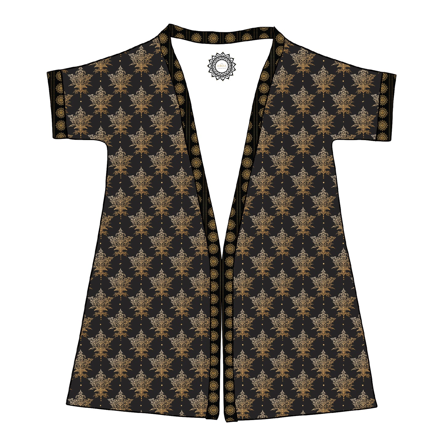 robe, robe style, beach wear, swimwear, cover up, travel fashion, resort wear, summer fashion, summer looks, boho, boho style, unsiex, pattern design, textile art, swim week, couture, handmade, high fashion, black and gold, leaf, mandala art