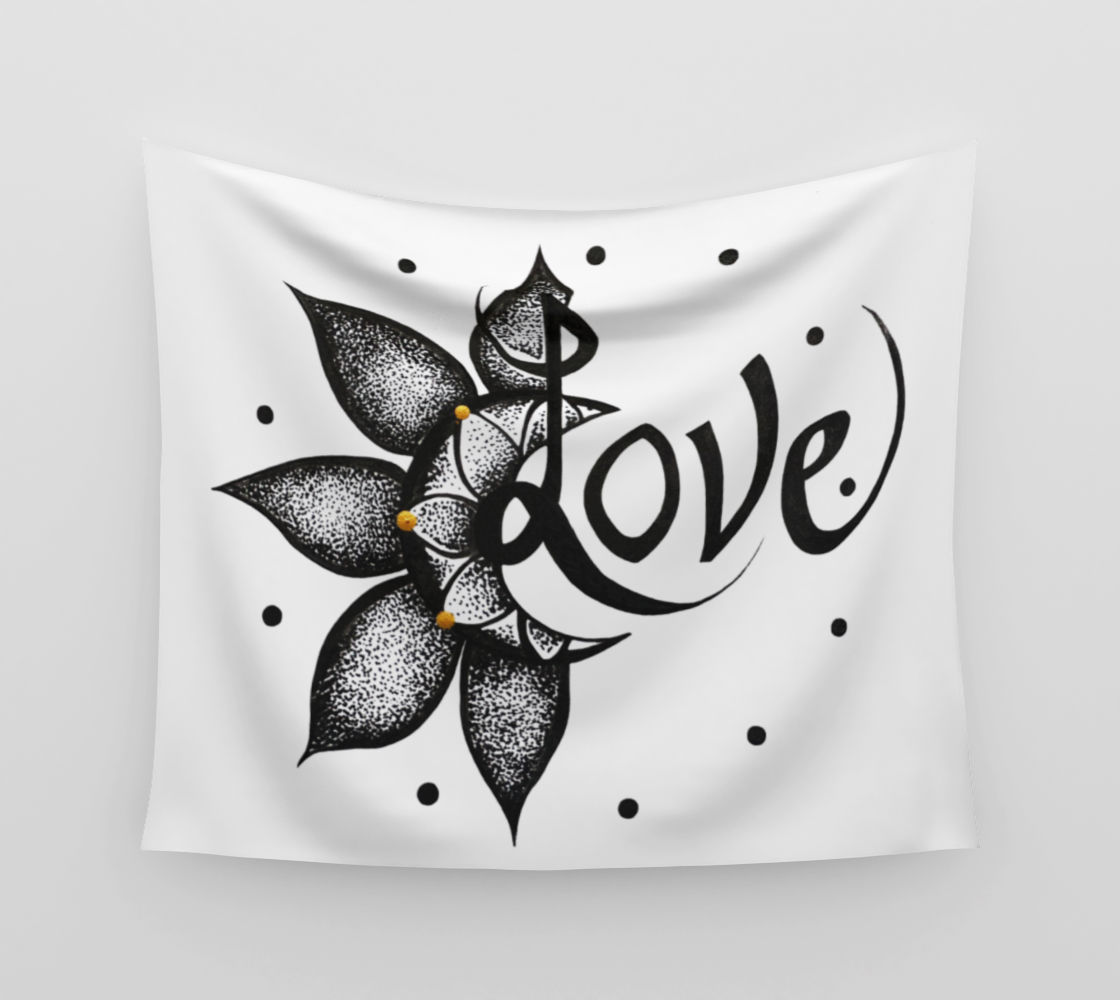 TAPESTRY, WALL TAPESTRY, WALL ART, DECOR, HOME, ART PRINT, CONTEMPORARY ART, LOVE, FLOWER, STIPPLE INK, ILLUSTRATION