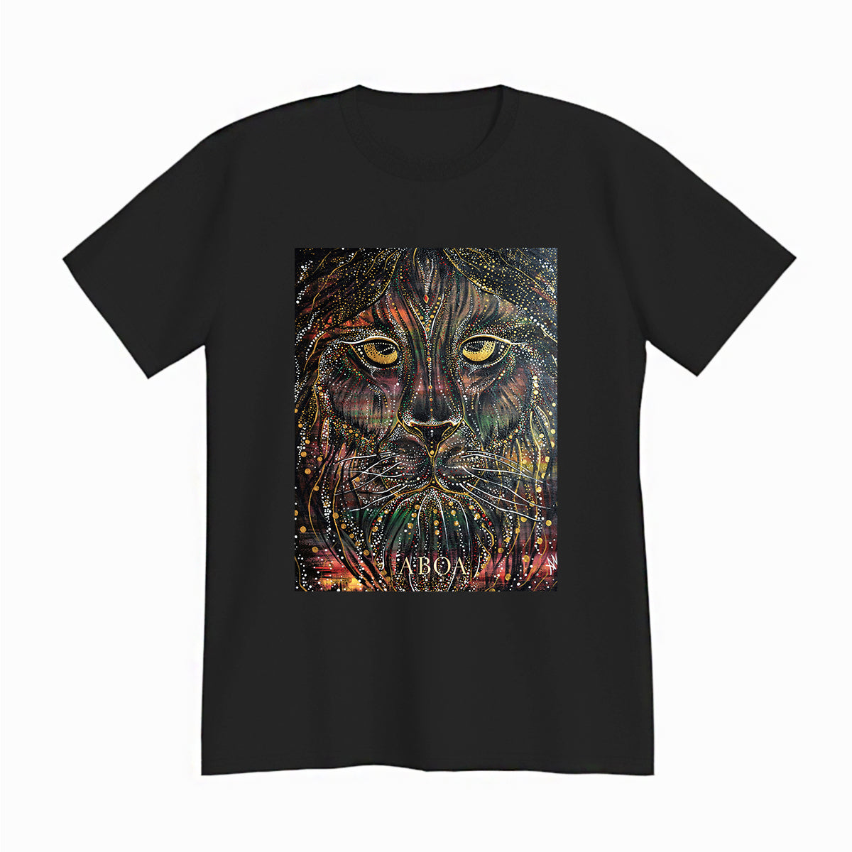 lifestyle apparel, casual clothing, unisex, stippled ink, ink art, pointillism, dot work, animal art, lion, portrait, abstract portrait, pointillism, king, lion art, fierce, humble, tee, t-shirt