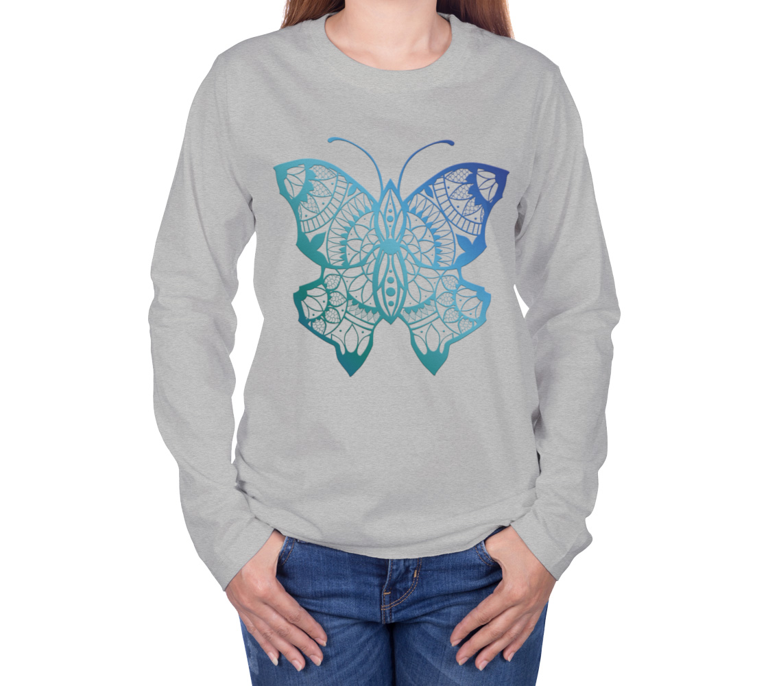 butterfly, animals, blue, mandala, long sleeve, crew neck, long sleeve, sweater, fall fashion, winter wear, fashion art, unisex