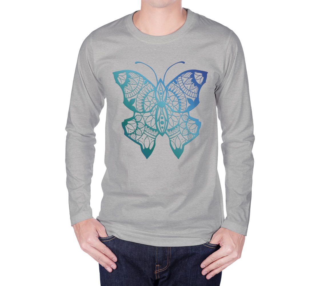 butterfly, animals, blue, mandala, long sleeve, crew neck, long sleeve, sweater, fall fashion, winter wear, fashion art, unisex