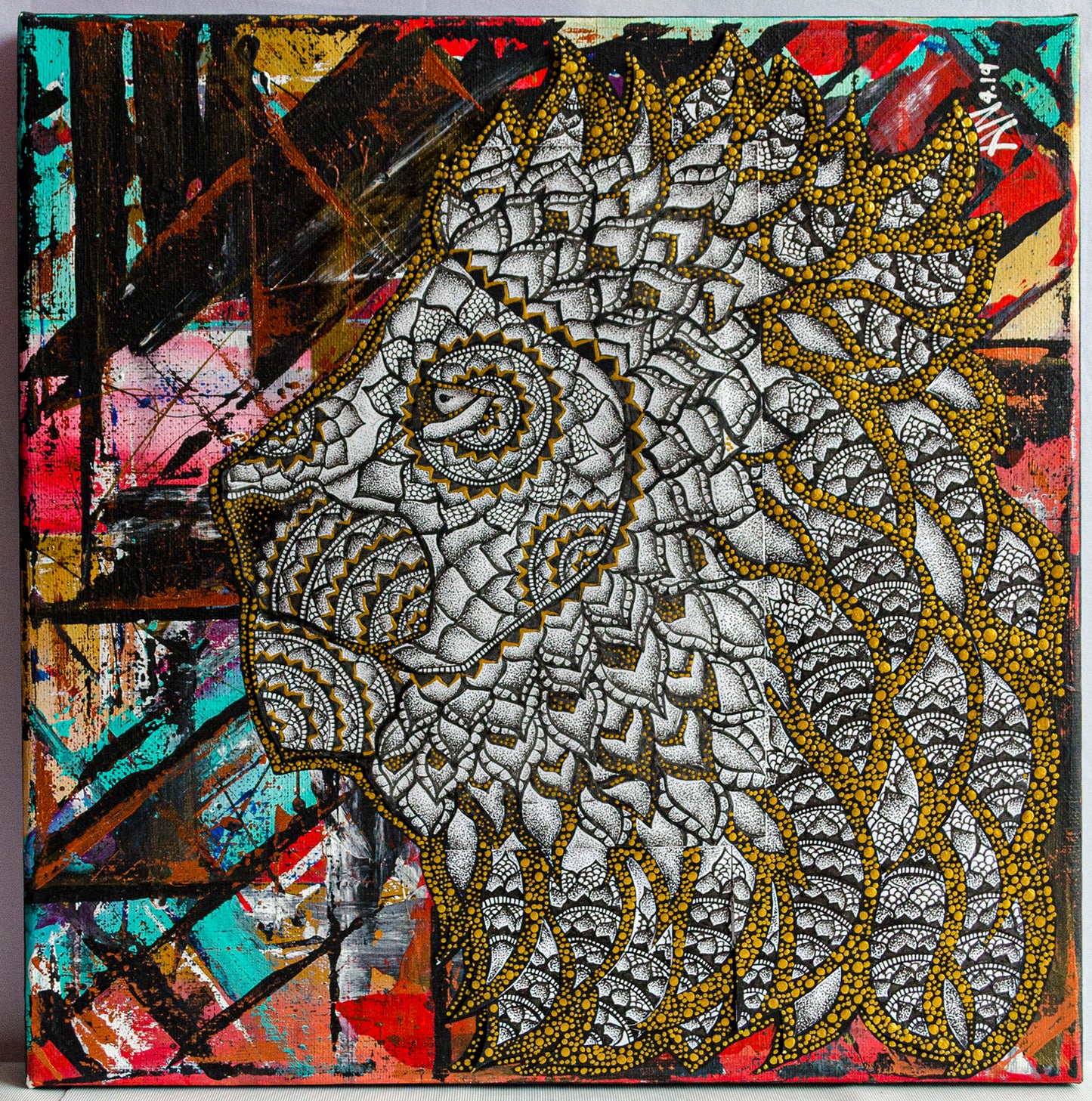 Lion, animal art, abstract art, collage, stippled ink, ink art, pointillism, dot work, illustration, contemporary art, nature art, mixed media, art gallery, wall art, wall decor