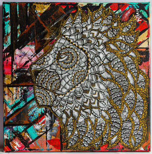 Lion, animal art, abstract art, collage, stippled ink, ink art, pointillism, dot work, illustration, contemporary art, nature art, mixed media, art gallery, wall art, wall decor