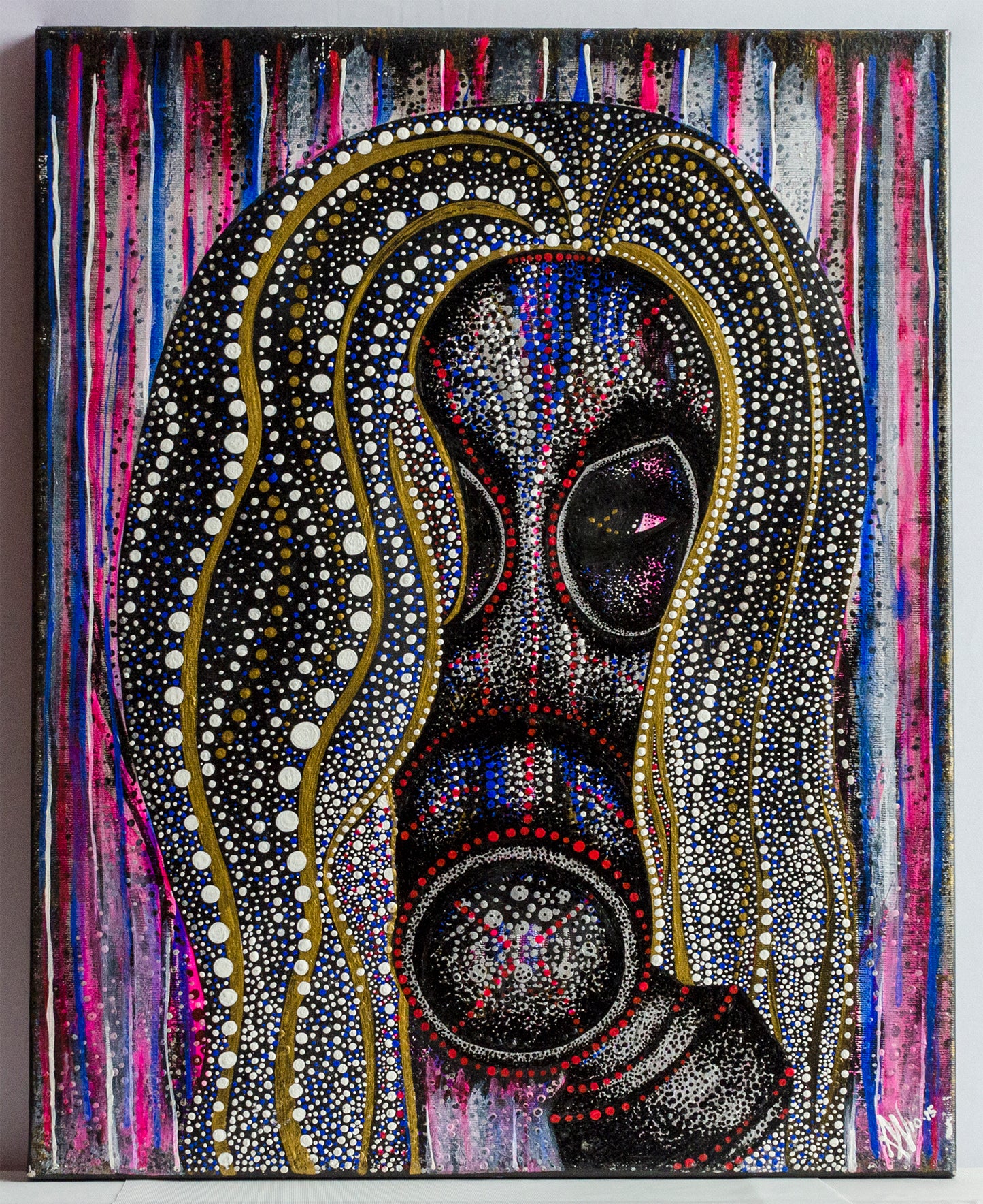 Mask, mystery, canvas, pointillism, dot work, illustration, contemporary art, nature art, mixed media, art gallery, wall art, wall decor