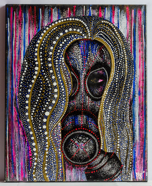 Mask, mystery, canvas, pointillism, dot work, illustration, contemporary art, nature art, mixed media, art gallery, wall art, wall decor