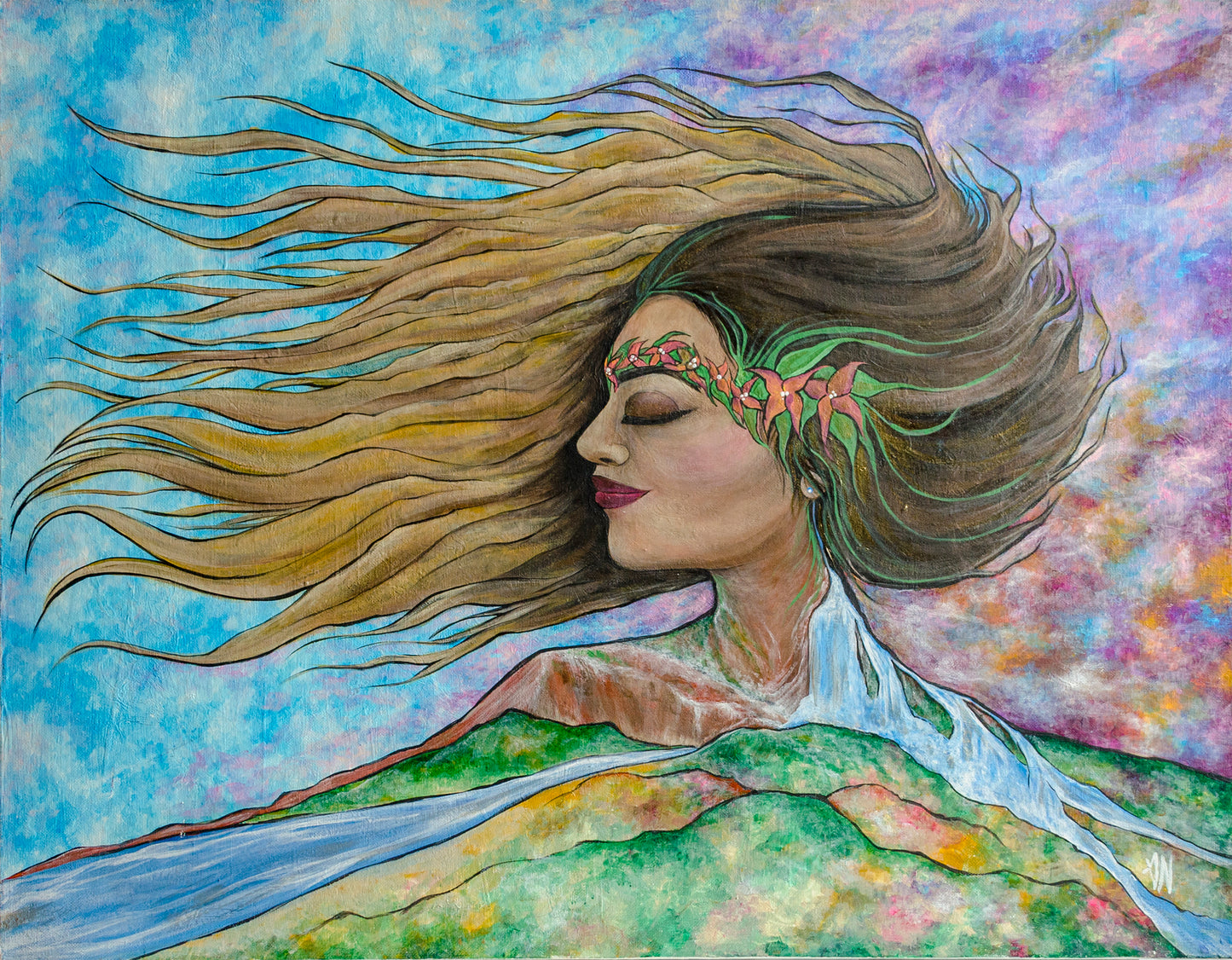 Portrait, self portrait, surrealism, nature art, waterfall, boho, painting, canvas, contemporary art, nature art, mixed media, art gallery, wall art, wall decor