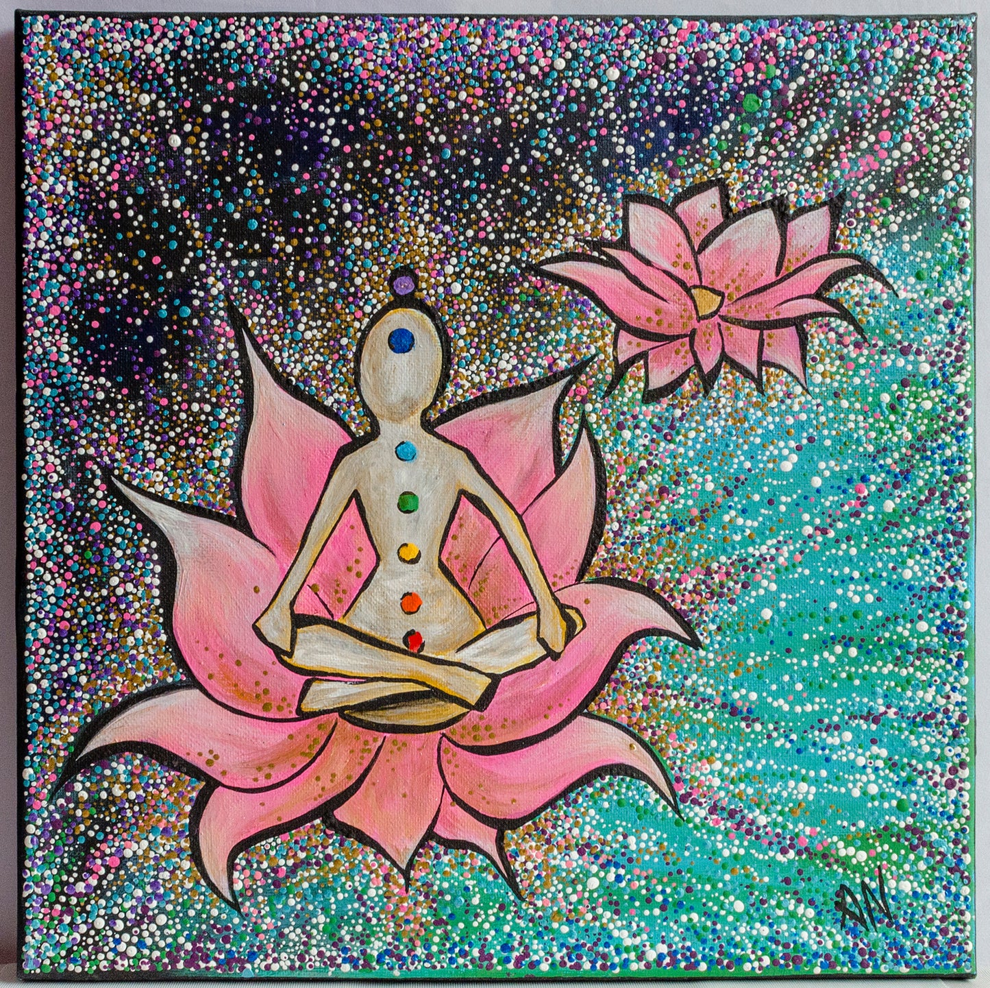 Yoga, yogini, meditation, chakras, pointillism, painting, canvas, contemporary art, nature art, mixed media, art gallery, wall art, wall decor, lotus, lotus flower