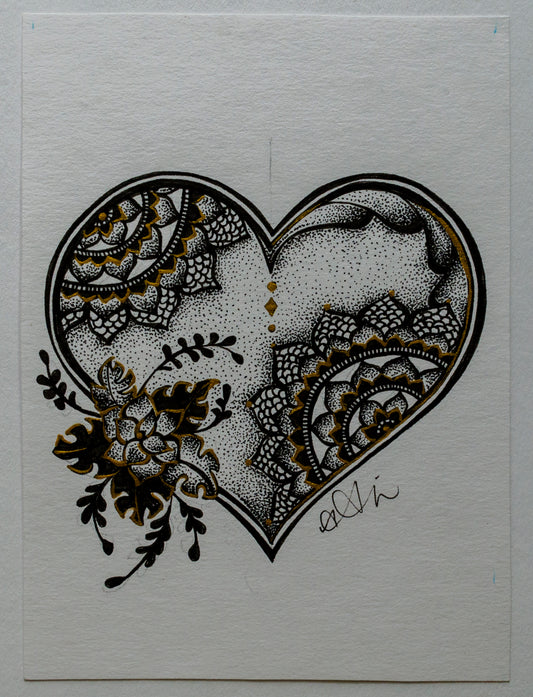 Heart, flowers, love, mandala, stippled ink, stipple, pointillism, dot work, fine art, contemporary art, art gallery, art collector