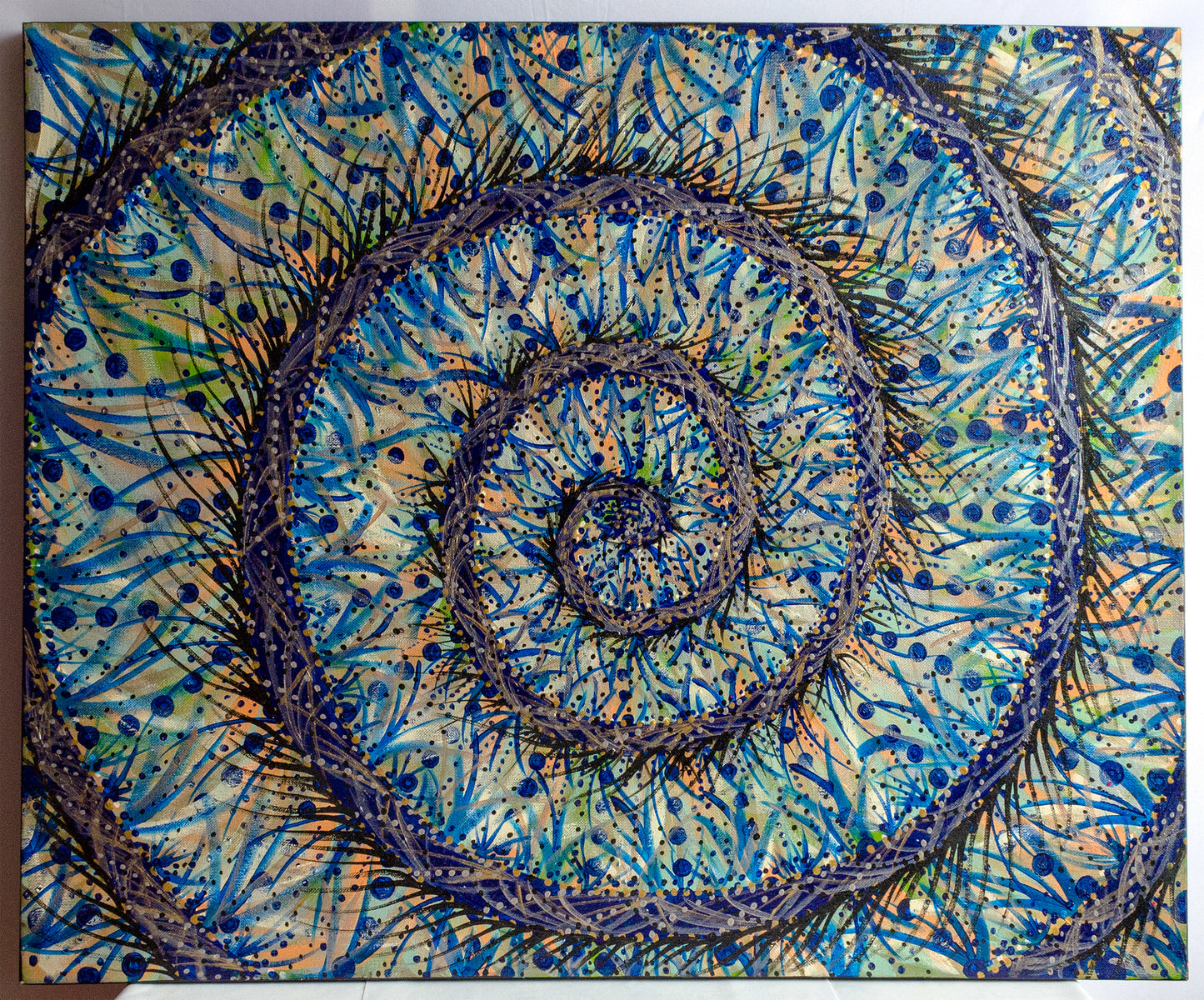 Spiral, blue, boho, tropical, jewels, pointillism, painting, canvas, contemporary art, nature art, mixed media, art gallery, wall art, wall decor